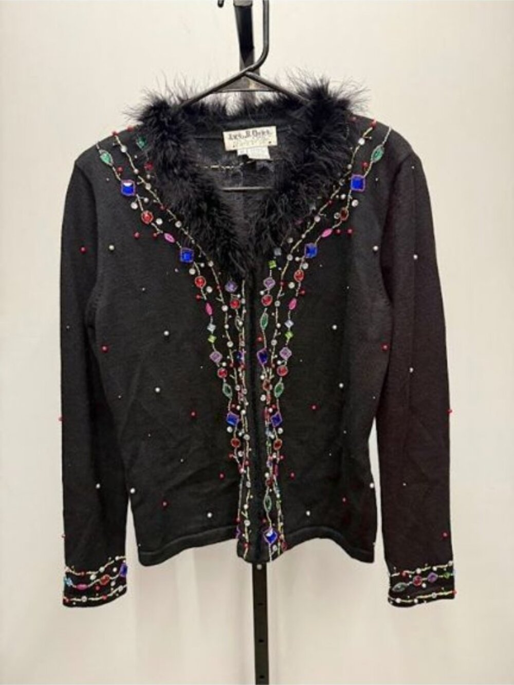 Jack B Quick Black Embellished Faux Fur Trim Cardigan Sweater